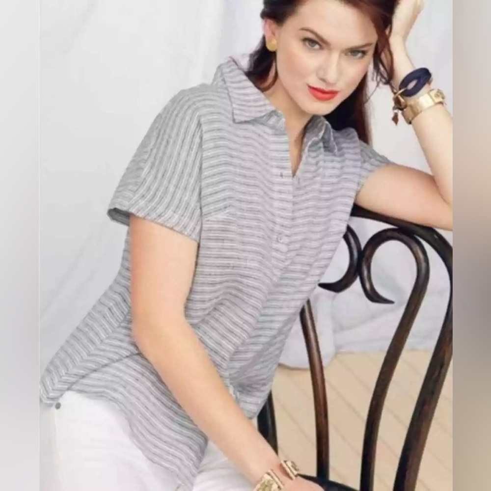 CAbi Hacienda Striped Linen Shirt XS Coastal Grandma Cottagecore Button Up 5257 - Picture 3 of 8